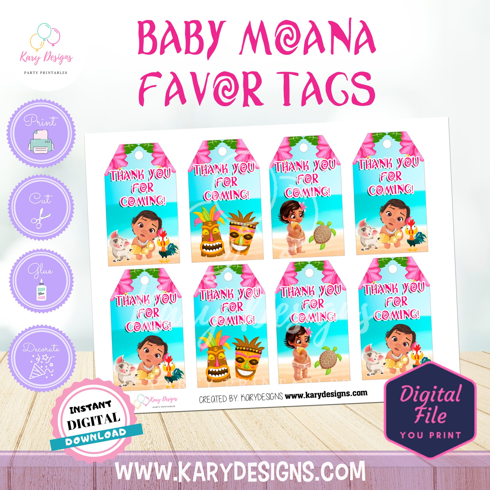 BABY MOANA FAVOR TAGS - Kary Designs