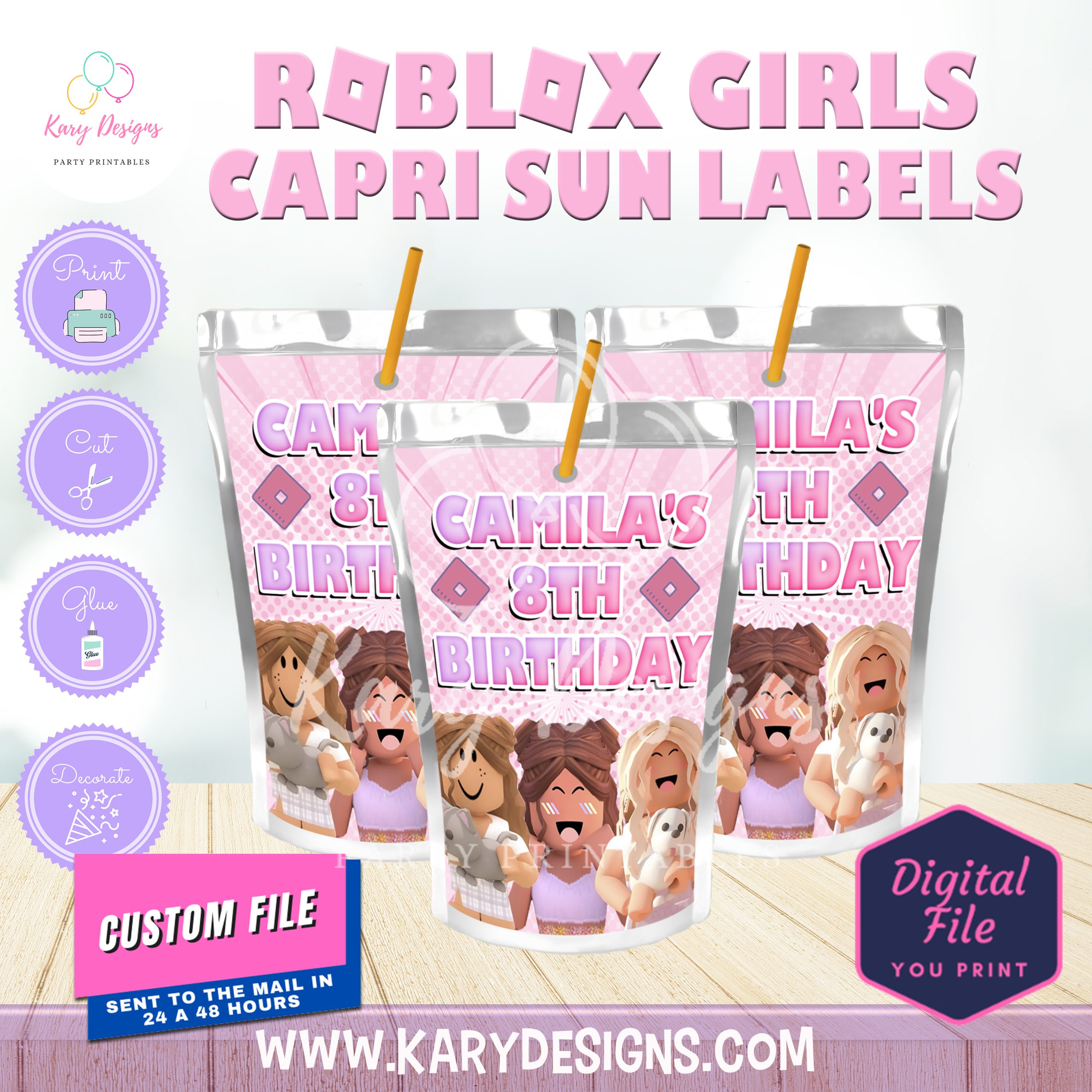 ROBLOX GIRLS WATER BOTTLE LABELS - Kary Designs