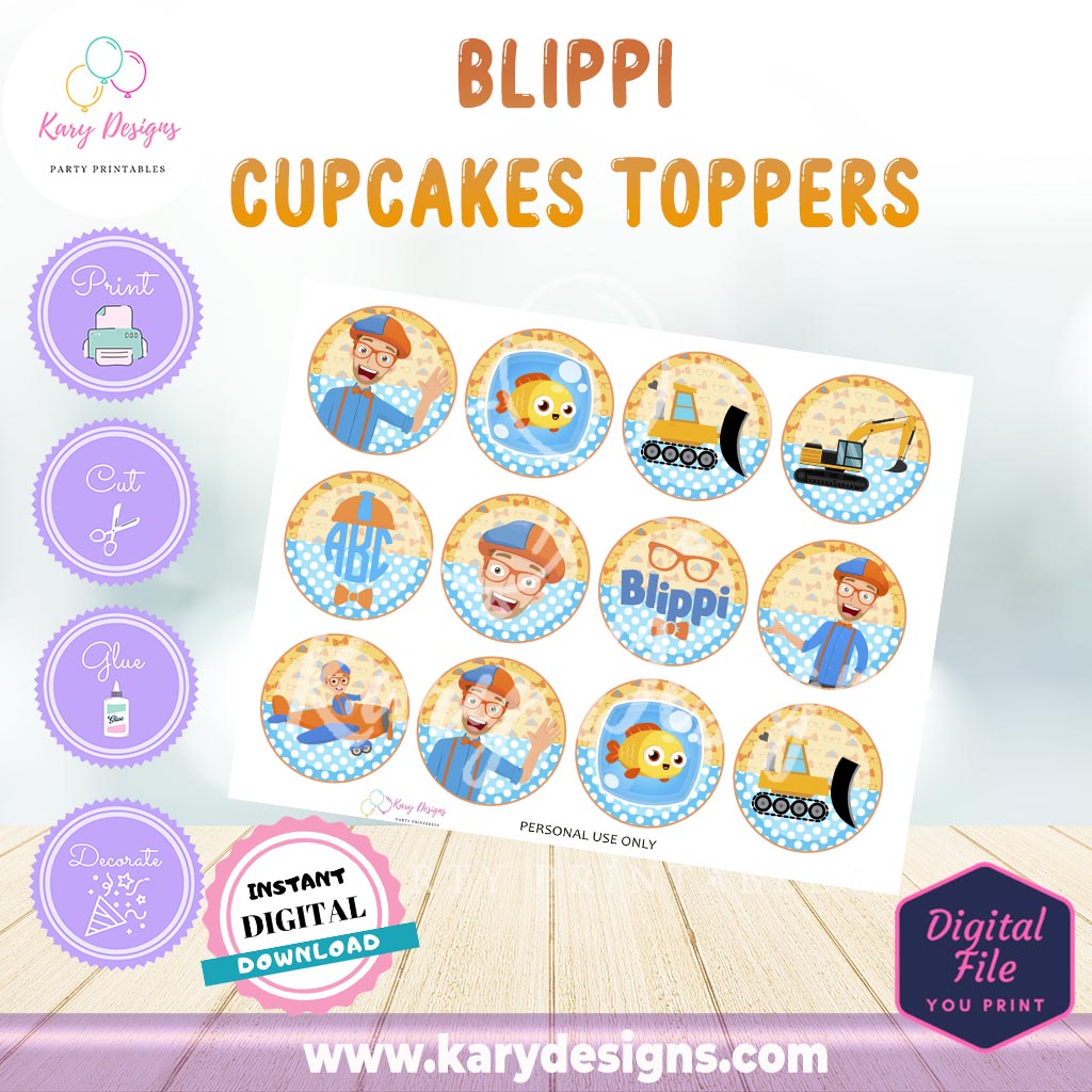 PRINTABLE BLIPPI CUPCAKES TOPPERS INSTANT DOWNLOAD