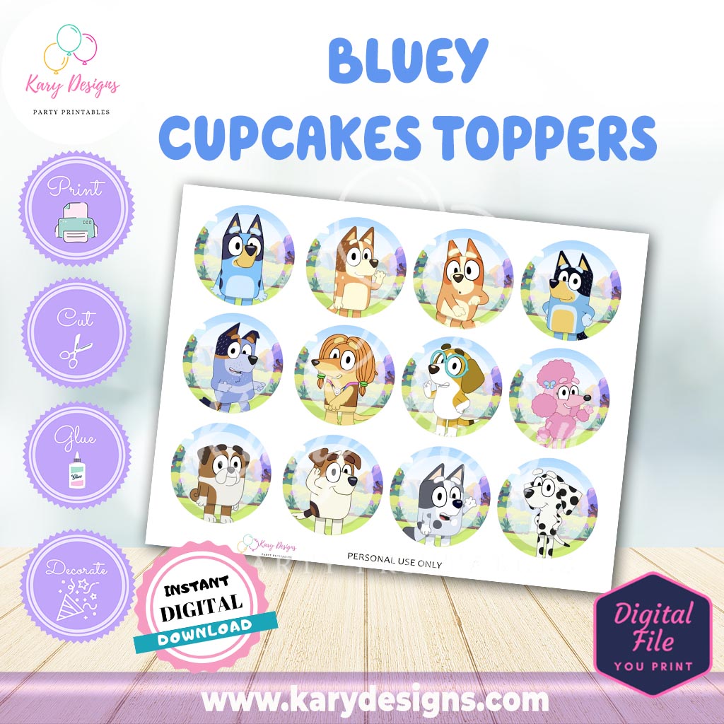 PRINTABLE BLUEY CUPCAKES TOPPERS INSTANT DOWNLOAD