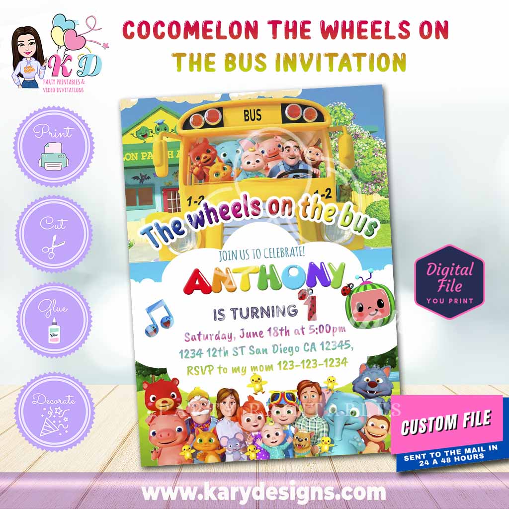 printable cocomelon the wheels on the bus invitation